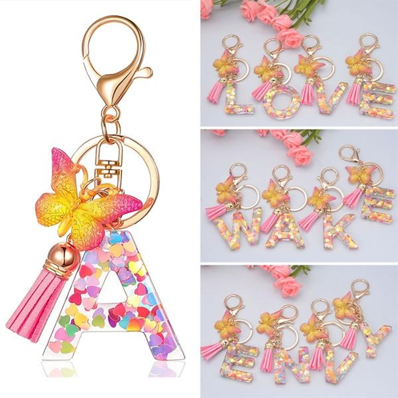 New Exquisite 26 Letter Resin Keychain with Pink Tassel Gradient Butterfly Pendant Key Ring Women Bag Ornaments Accessories Gift2