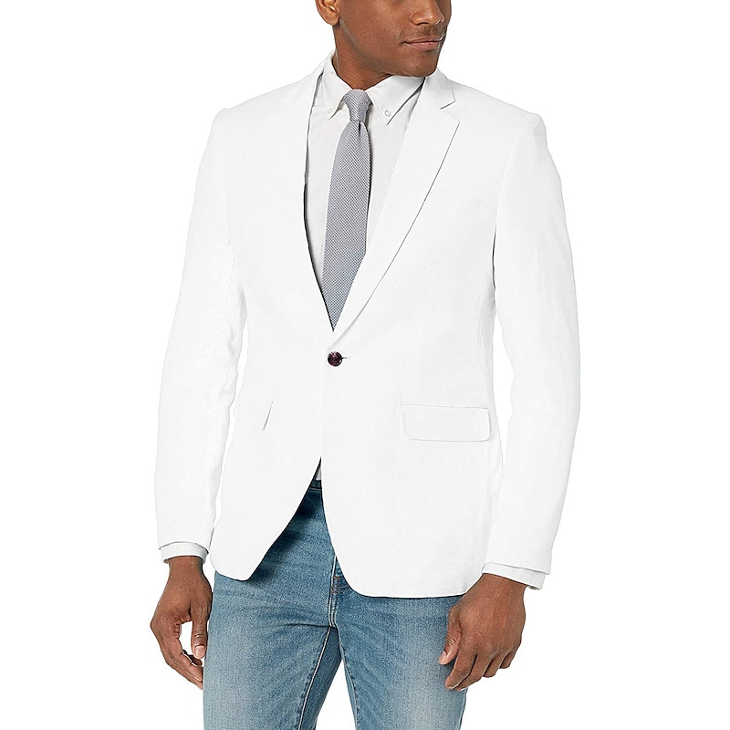 Men's Blazer Jacket Sport Coat Notch Collar Fashion Casual Solid Colored Lake blue White Yellow Tailored Fit Single Breasted One-button4