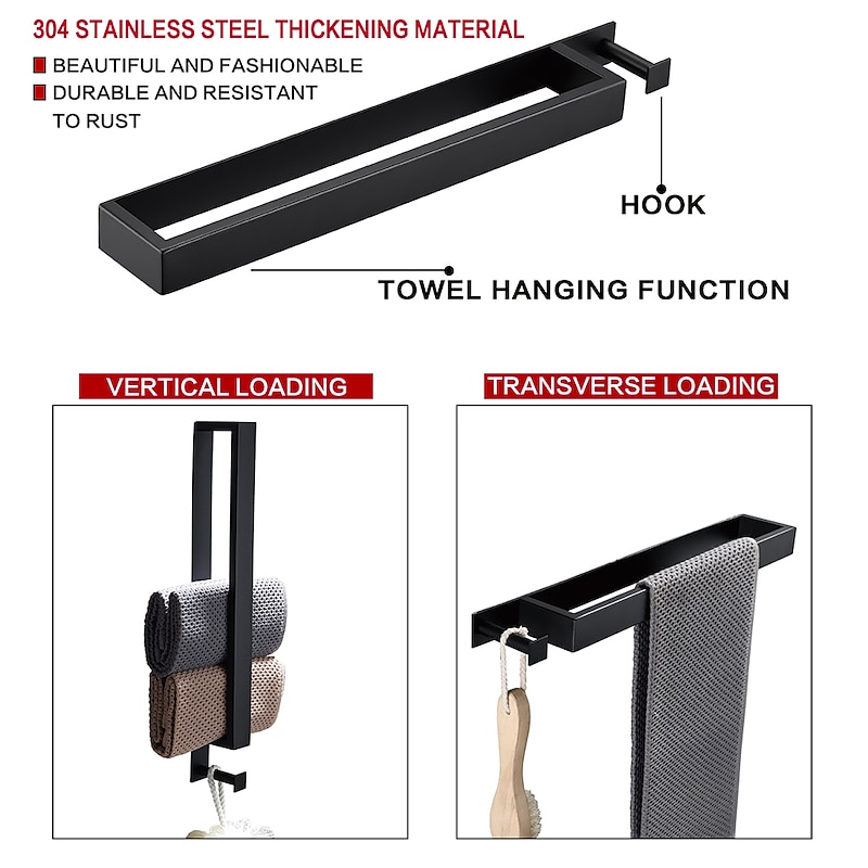Adhesive Towel Bar with Hook, SUS304 Stainless Steel Hand Towel Holder for Bathroom, Towel Rack for Rolled Towels 40cm2