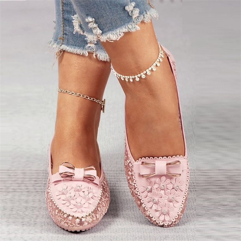 Women's Pink Lace Flats with Bow and Floral Details - Elegant and Comfortable Casual Shoes for Everyday Wear