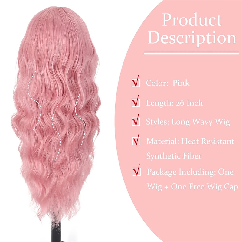 Pink Wig 26inch Long Wavy Wigs for Women Middle Part Curly Wig Natural Looking Heat Resistant Fiber Synthetic Wigs for Daily Use4