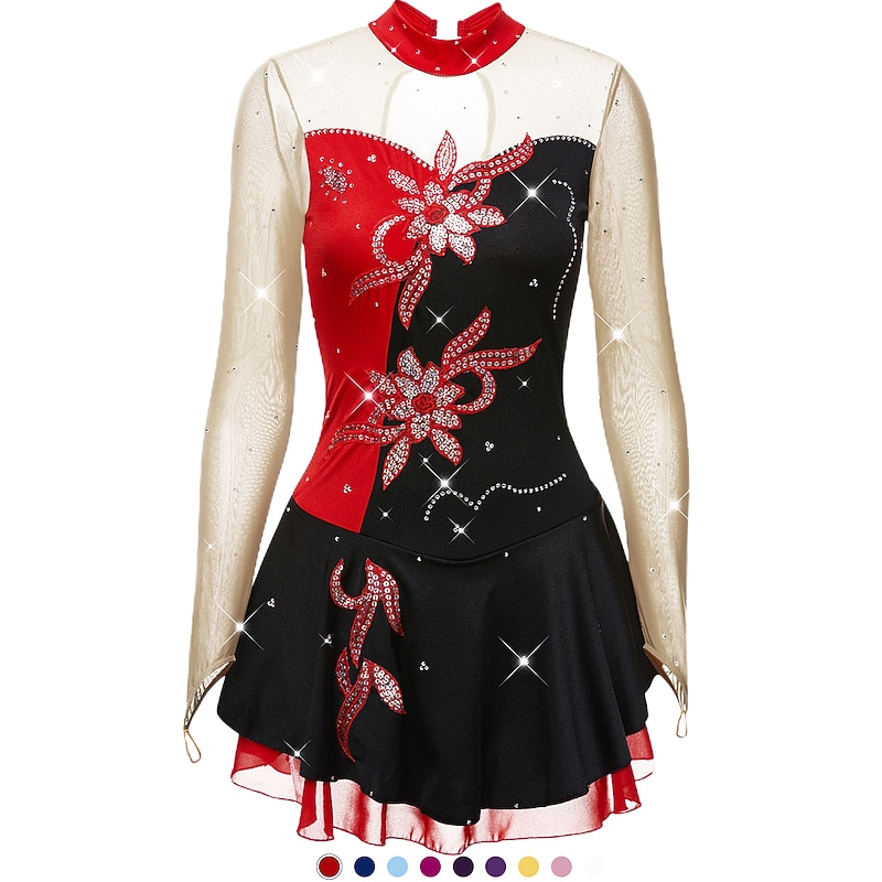 Figure Skating Dress Women's Girls' Ice Skating Dress Outfits Yan pink White / White Yellow & Yellow Patchwork Spandex High Elasticity Competition Skating Wear Classic Long Sleeve Figure Skating