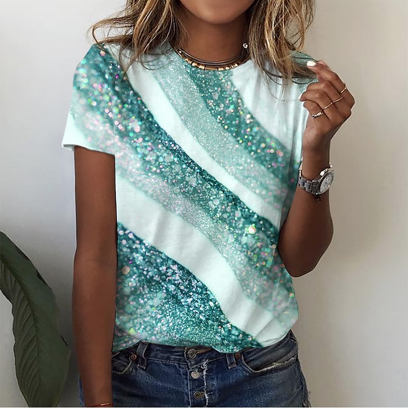 Women's T Shirt Basic Print Short Sleeve Regular Tops Round Neck Daily Weekend Yellow Pink Blue Green Gray3