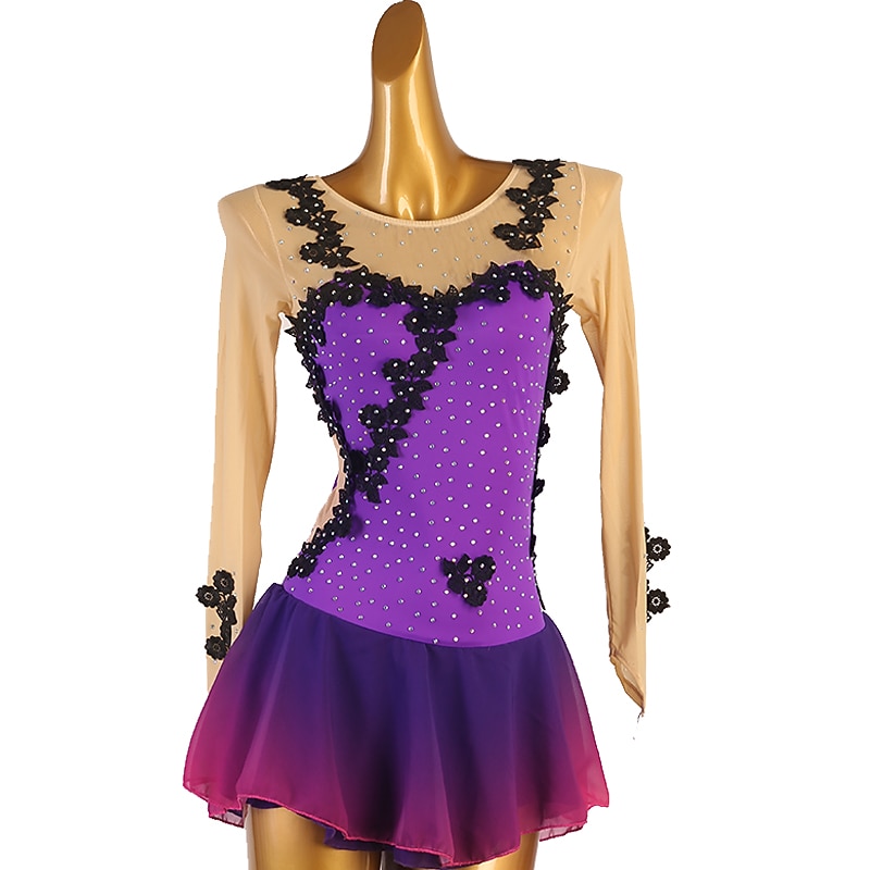 Figure Skating Dress Women's Girls' Ice Skating Dress Violet Patchwork Open Back Mesh High Elasticity Training Competition Skating Wear Classic Sleeveless Ice Skating Figure Skating