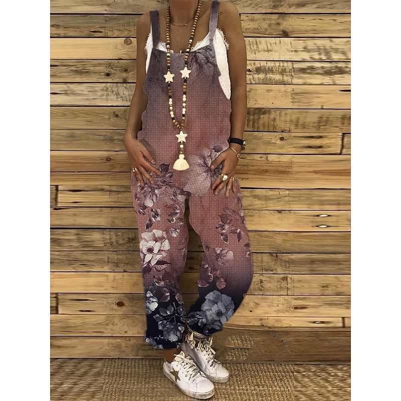 Jumpsuits for Women Floral Dungarees Overall Button Pocket Animal U Neck Holiday Daily Vacation Straight Regular Fit Sleeveless Sleeveless Black White Green S M L3