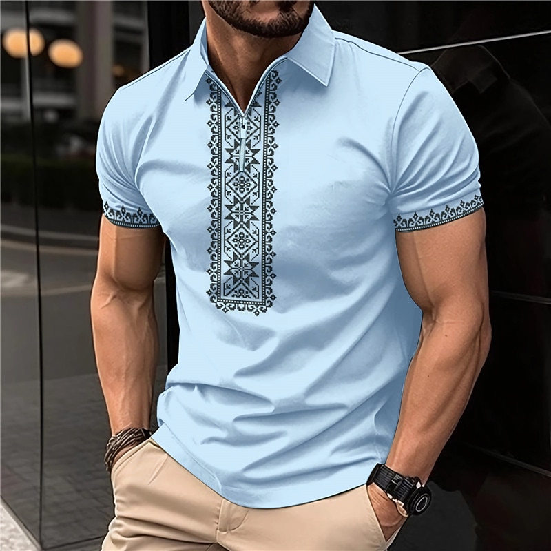 Men's Tribal Zip Polo Shirts Golf Shirt Short Sleeve Polo Shirts Collared Shirts Vintage Casual Vacation Wear Party Outfits 3D Print Quarter Zip Polo White Pink Blue2