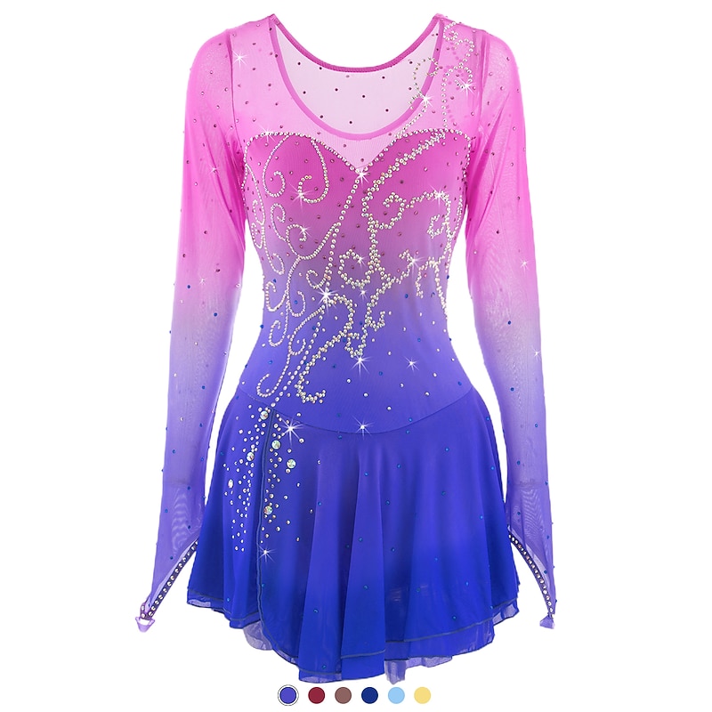 Figure Skating Dress Women's Girls' Ice Skating Dress Outfits Yellow Dark Red Dusty Rose Halo Dyeing Mesh Spandex High Elasticity Competition Skating Wear Ice Skating Figure Skating