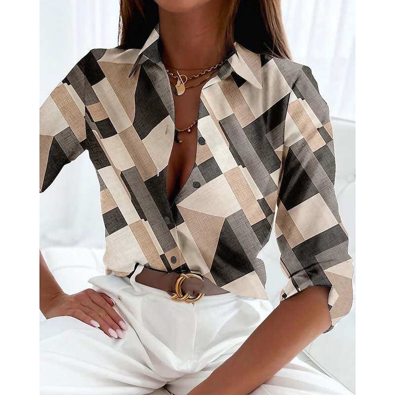 Women's Shirt Button Down Tunic Shirt Collar Long Sleeve Elegant Vintage Fashion Geometric s Print Regular Tops Casual Pink Blue Green Khaki Gray Spring Fall