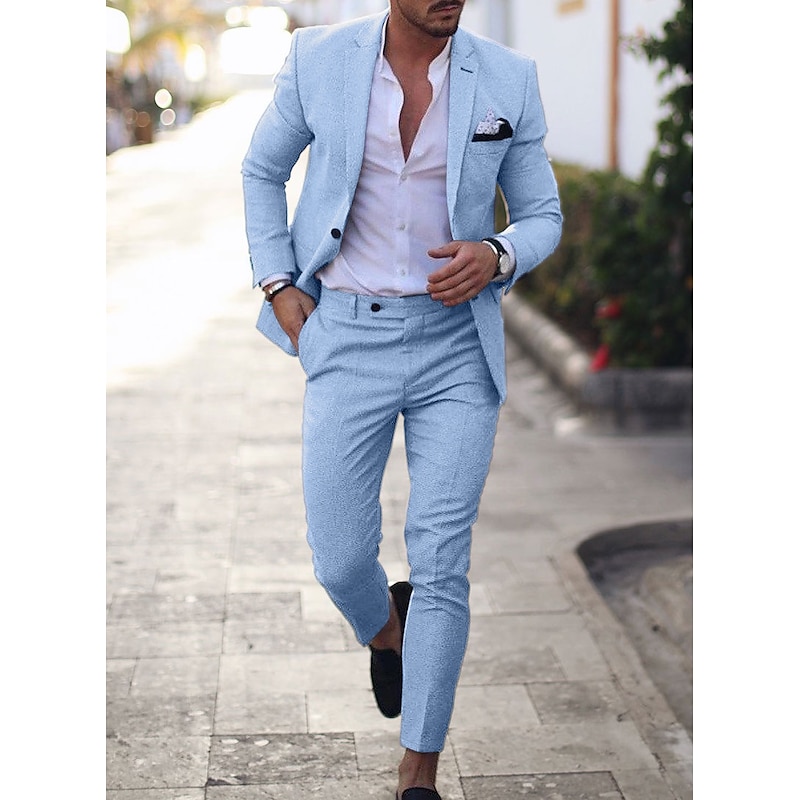 Men's Homecoming Linen Linen Suits Notch Light Blue pea green Solid Colored Tailored Fit 2 Piece Single Breasted One-button2