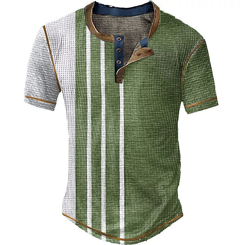Men's Graphic Color Block Stripe Vintage Shirt Waffle Henley Shirt Short Sleeve 3D Print Fashion Designer Basic Outdoor Daily Summer Blue Brown Green Gray Henley Henley T-Shirt3