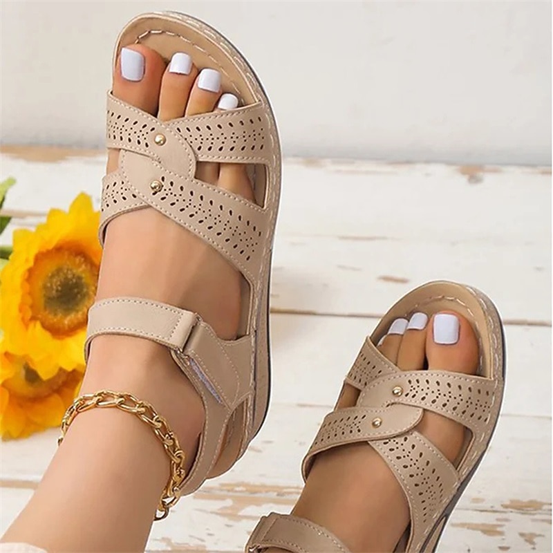 Women's Beige Wedge Sandals with Hook and Loop Strap and Cutout Design, Comfortable Open Toe Shoes for Walking, Summer Travel and Casual Daily Wear2