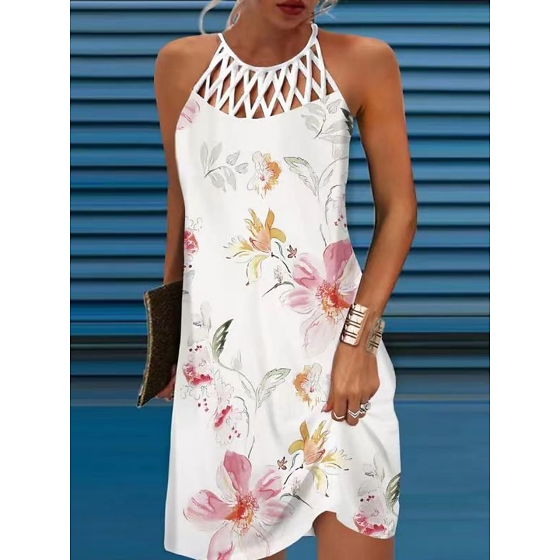 Women's Floral Cut Out Print Halter Neck Mini Dress Daily Vacation Sleeveless Summer Spring4