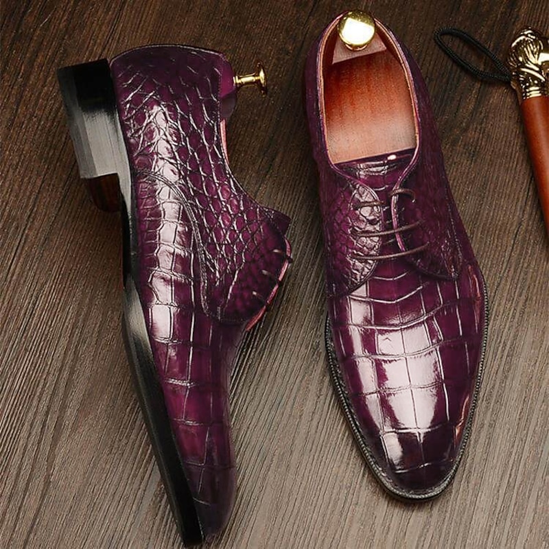 Men's Luxury Purple Crocodile Pattern Leather Oxford Shoes – Faux Leather, Lace-Up Design, Formal Business and Wedding Footwear