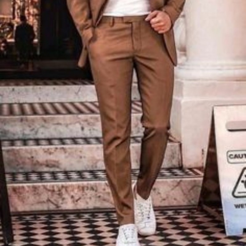 Men's Wedding Beach Linen Suits Notch Brown Beige Solid Colored Tailored Fit 2 Piece Single Breasted Two-buttons3