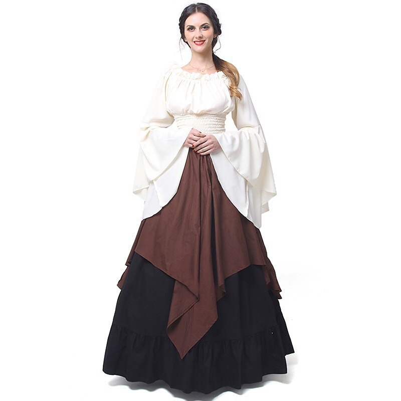 Retro Vintage Victorian Medieval Dress Chemise OverDress Flare Cuff Sleeve Ruffle Sleeve Trumpet Sleeve Lady Viking Irish Fancy Dress Women's Celtic Fantasy Masquerade Casual Daily Renaissance Fair