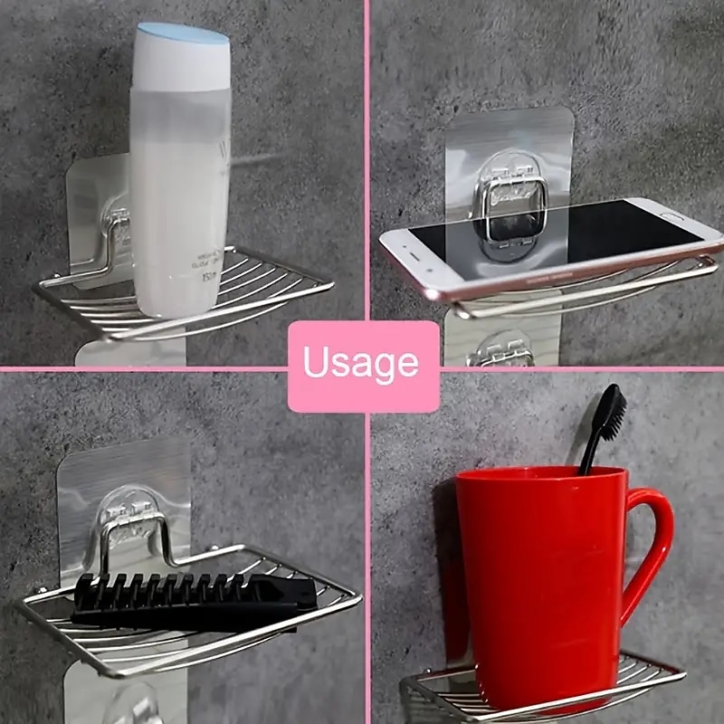 2pcs Stainless Steel Soap Dish Holder Self Adhesive Wall Mounted Soap Sponge Holder Soap Saver Rack For Home Kitchen Bathroom Shower Bathroom Accessories3