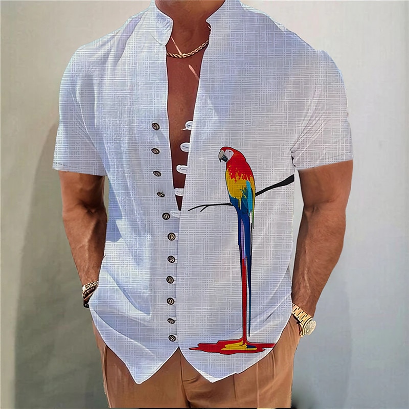 Men's Parrot Shirt Button Up Shirt Short Sleeve Fashion Streetwear Designer Outdoor Casual Daily Spring & Summer Stand Collar Print White Pink Blue Gray4