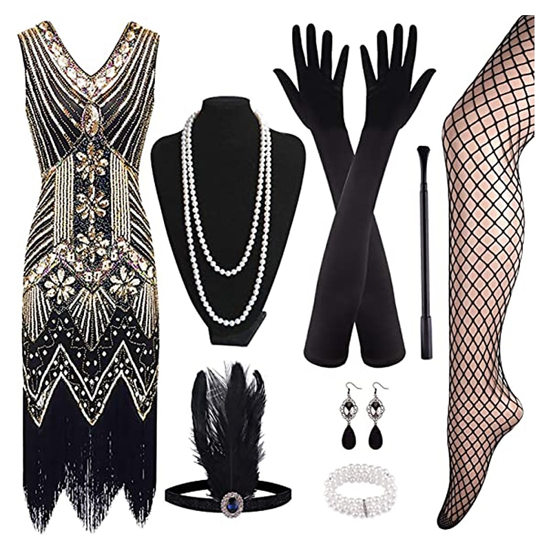 Retro Vintage Roaring 20s 1920s Flapper Dress Dress Outfits The Great Gatsby Wedding Guest Sequins Tassel Fringe Fancy Dress Women's Party / Evening Masquerade Wedding Reception Adults' Dress Gloves