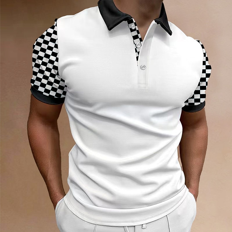 Men's Button Up Polos Golf Shirt Casual Holiday Lapel Classic Short Sleeve Fashion Basic Color Block Check Button Summer Regular Fit White Navy Blue Blue Button Up Polos3