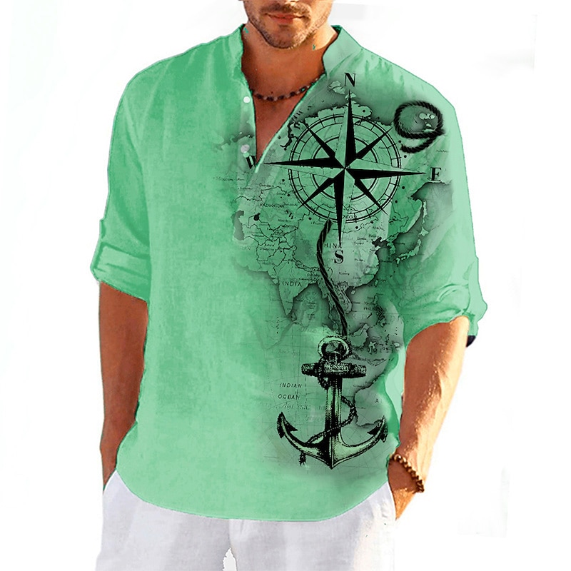 Men's Nautical Anchor Vintage Shirt Button Up Shirt Long Sleeve Vintage Fashion Streetwear Daily Going out Summer Spring Fall Stand Collar Print Brown Green Khaki Gray3