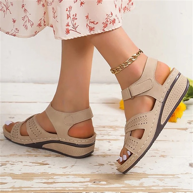 Women's Beige Wedge Sandals with Hook and Loop Strap and Cutout Design, Comfortable Open Toe Shoes for Walking, Summer Travel and Casual Daily Wear3
