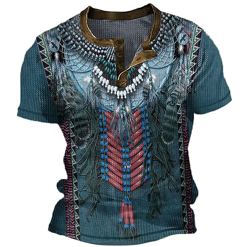 Men's Graphic Boho Waffle Henley Shirt Short Sleeve 3D Print Fashion Designer Basic Outdoor Daily Summer Blue Brown Green Khaki Henley Henley T-Shirt3