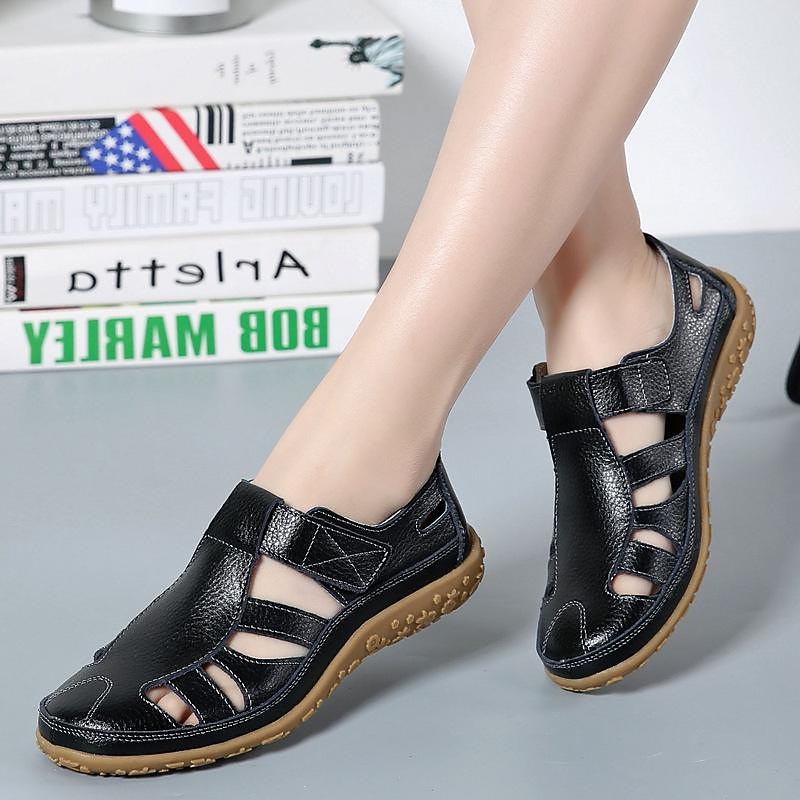 Women's Black Closed-Toe Leather Sandals with Cutout Design and Velcro Strap, Comfortable Non-Slip Walking Shoes for Summer, Travel, and Daily Wear