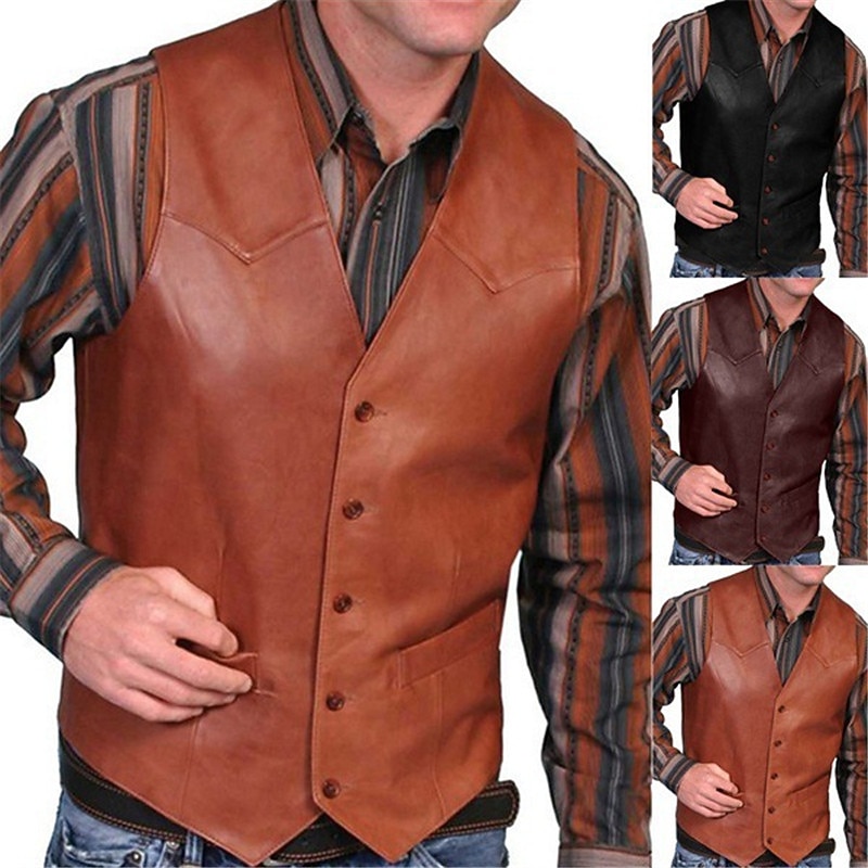 Men's Leather Vest Daily Wear Vacation Going out Vintage Fashion Spring &  Fall Button Faux Leather Comfortable Plain Single Breasted V Neck Regular Fit Red Brown Vest2