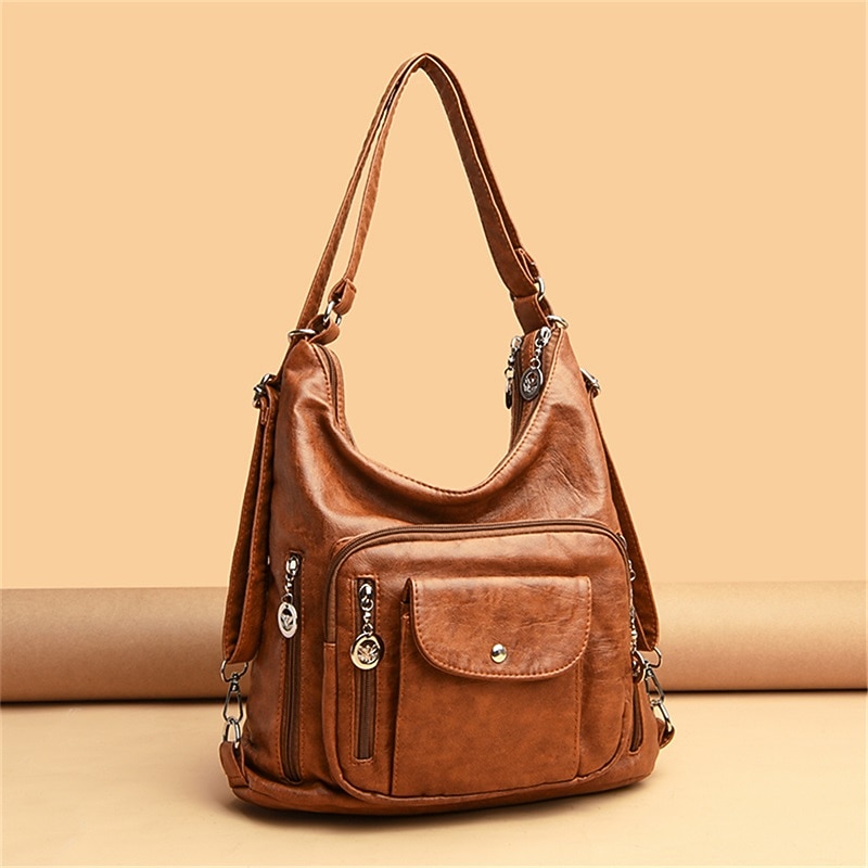 Women's Vintage-Style Brown Faux Leather Hobo Bag - Multi-Pocket Shoulder Bag for Everyday Use3