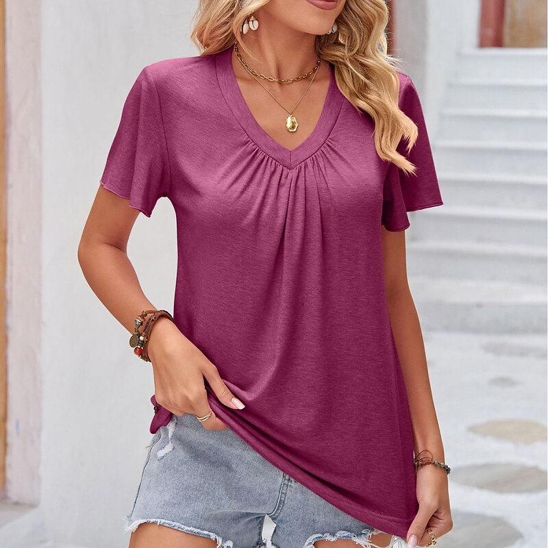 T shirt Tee Women's Wine Red Black White Solid / Plain Color Pleated Daily Basic Neon & Bright V Neck S3