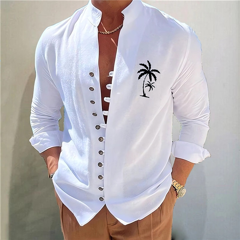 Men's Shirt Linen Shirt Beach Shirt Coconut Tree Outdoor Street White Pink Blue Orange Long Sleeve Stand Collar Summer Spring Clothing Apparel Print