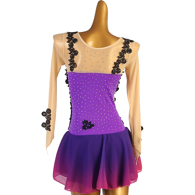 Figure Skating Dress Women's Girls' Ice Skating Dress Violet Patchwork Open Back Mesh High Elasticity Training Competition Skating Wear Classic Sleeveless Ice Skating Figure Skating4