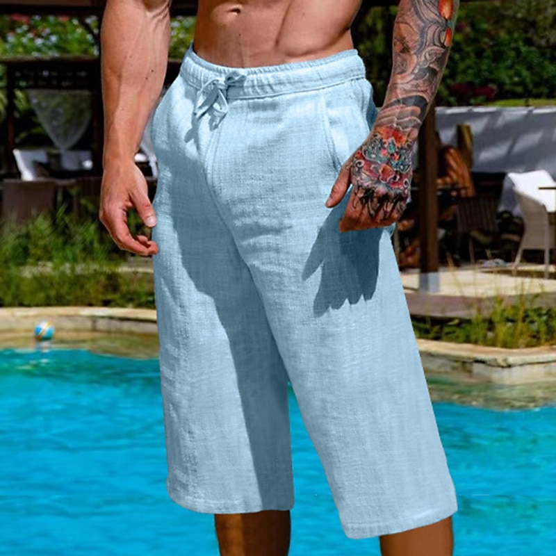 Men's Linen Shorts Summer Shorts Capri Pants Drawstring Elastic Waist Plain Comfort Breathable Outdoor Daily Going out Linen / Cotton Blend Fashion Casual Black White