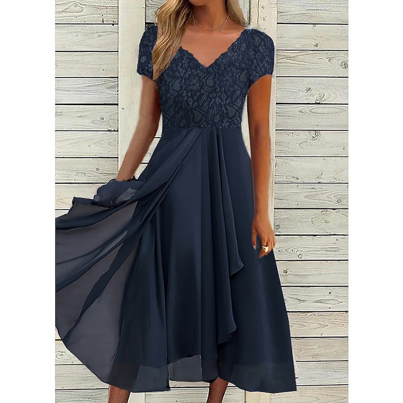 Women's Wedding Guest Cocktail Dress Elegant Midi Dress V-Neck Lace Short Sleeve Chiffon Flowy Navy Blue Evening Party Summer
