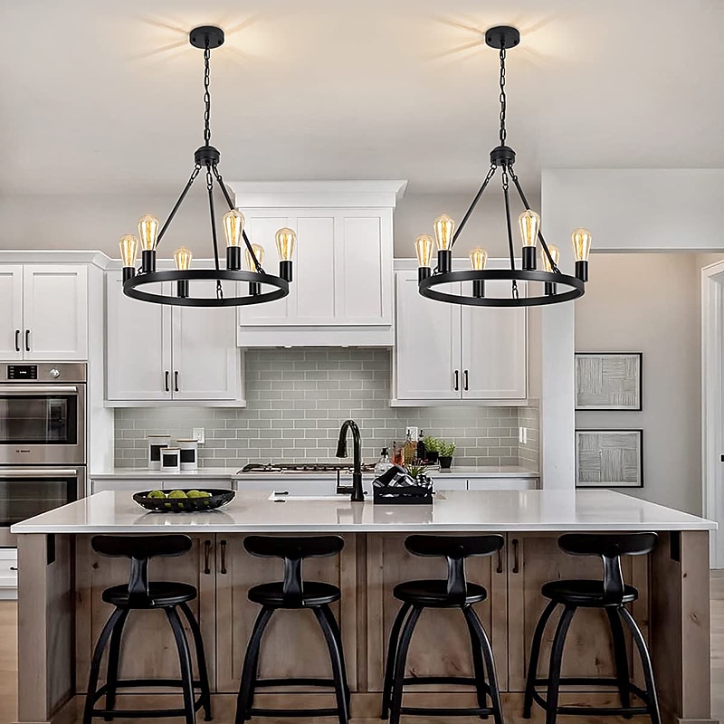 Black Matte Chandelier 6-Light Wagon Wheel Chandelier 21" Farmhouse Pendant Chandeliers Fixture Contemporary Industrial Chandelier for Living Dining Room Kitchen Island Entryway Foyer Bar 110-240V4