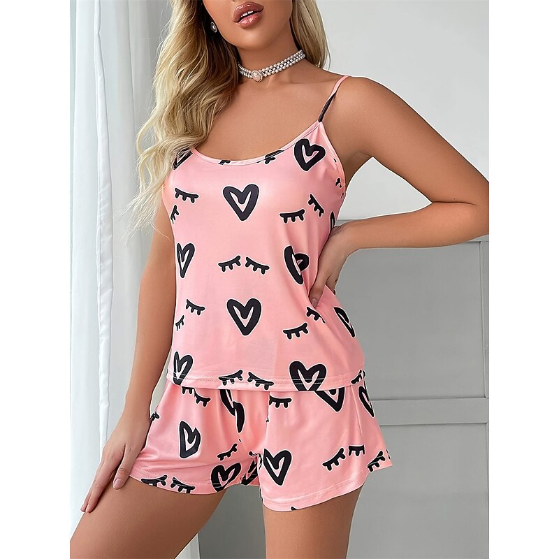 Women's Pajamas Pajama Top and Pant Sets Heart Casual Comfort Soft Home Daily Bed Breathable Straps Sleeveless Strap Top Shorts Elastic Waist Summer Spring Home Outfits4