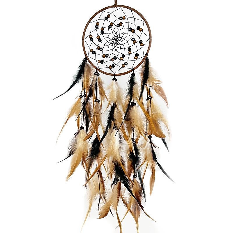 Brown Dream Catcher Handmade Gift Feather Hook Flower Wind Chime with One Circles Ornament Wall Hanging Decor Art Boho Style 16x56cm/6.2''x22''3