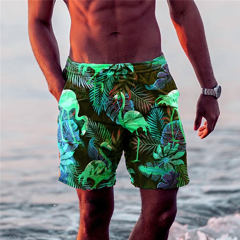 Men's Leaf Flamingo Graphic Prints Board Shorts Swim Shorts Swim Trunks Mid Waist Hawaiian Boho Casual Daily Holiday Drawstring with Mesh lining Elastic Waist Designer Clothing Apparel2
