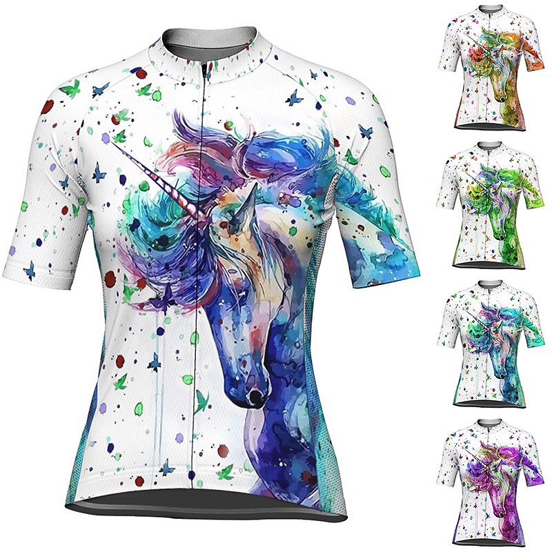 Women's Cycling Jersey Unicorn Short Sleeve Bike Jersey Top with 3 Rear Pockets Mountain Bike MTB Road Bike Cycling Quick Dry Reflective Strips Back Pocket Moisture Wicking Sports White Blue Purple