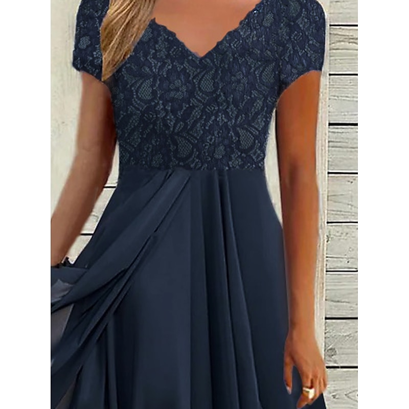 Women's Wedding Guest Cocktail Dress Elegant Midi Dress V-Neck Lace Short Sleeve Chiffon Flowy Navy Blue Evening Party Summer2