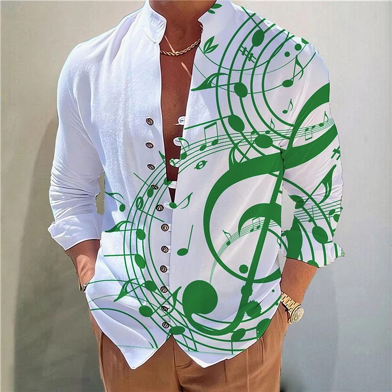 Men's Music Notes Shirt Button Up Shirt Long Sleeve Fashion Designer Casual Vacation Daily Going out Fall Autumn / Fall Spring & Summer Stand Collar Print Black Yellow Blue Purple Green3