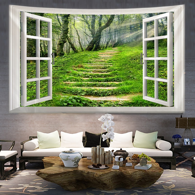 Window Scenery Hanging Tapestry Wall Art Large Tapestry Mural Decor Photograph Backdrop Blanket Curtain Home Bedroom Living Room Decoration3