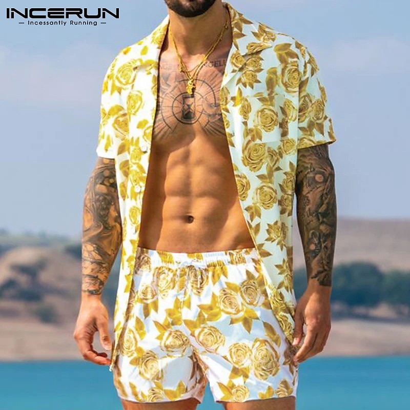Men's Geometric Pattern Geometry 2pcs Shirts Sets Summer Hawaiian Shirt Short Sleeve Short Pants Cuban Collar Tropical Fashion Hawaiian Casual Holiday Beach Print Summer Spring Yellow Orange Coffee2