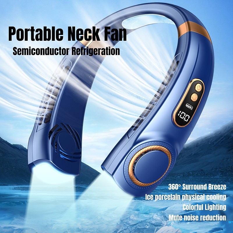 Portable Hanging Neck Fan with Colorful Light USB Charging 5 Gears Brush Motor Leafless Hanging Neck Fan Rechargeable Mute Refrigeration Air Conditioning Outdoor Cooling Fan