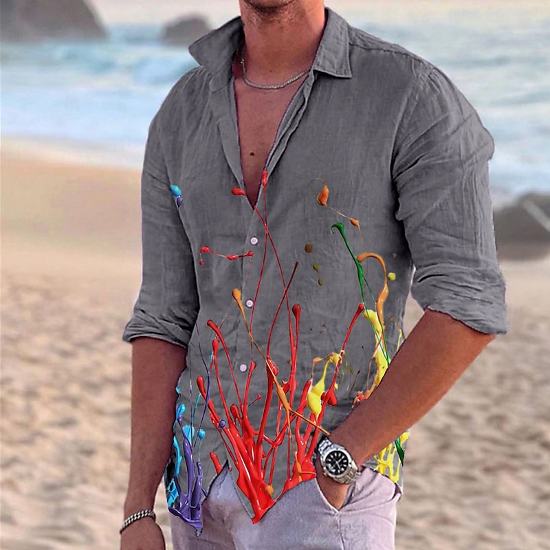 Men's Oil Painting Shirt Button Up Shirt Long Sleeve Fashion Streetwear Designer Outdoor Casual Daily Summer Spring Fall Turndown Print White+Red White Light Green Blue Sky Blue4