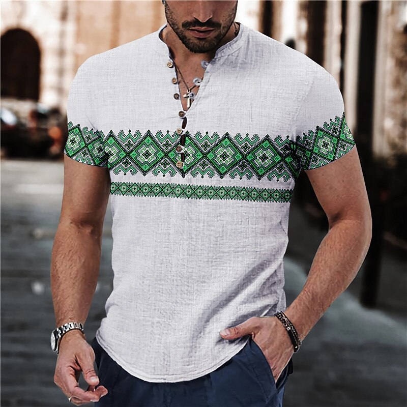 Men's Geometry Ethnic Shirt Linen Shirt Button Up Shirt Short Sleeve Fashion Streetwear Designer Outdoor Casual Daily Spring & Summer Stand Collar Print Yellow Blue Green Gray3