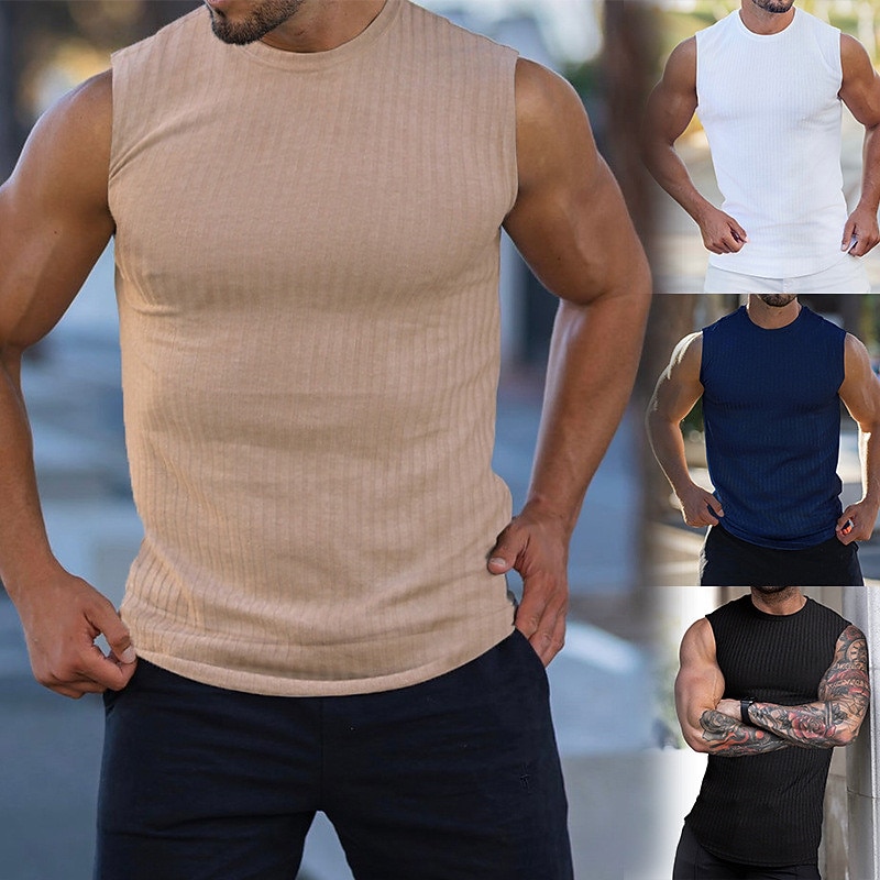 Men's Tank Top Vest Top Undershirt Sleeveless Shirt Sleeveless Crew Neck Summer Plain Pit Strip Fashion Streetwear Muscle Knitting Sports & Outdoor Athleisure Gym Black White Navy Blue Top Tee for Men
