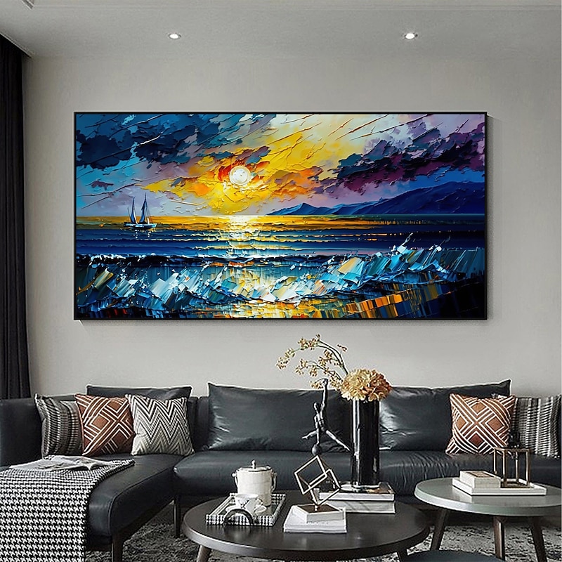 Handmade Oil Painting Canvas Wall Art Decor Original Sunset Abstract Sea View Painting for Home Decor With Stretched Frame/Without Inner Frame Painting 8