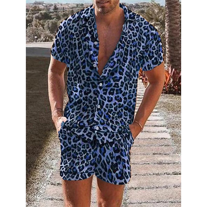 Men's Leopard 2pcs Shirts Sets Summer Hawaiian Shirt Short Sleeve Short Pants Turndown Tropical Fashion Hawaiian Casual Holiday Beach Print Summer Spring Blue Purple Brown2