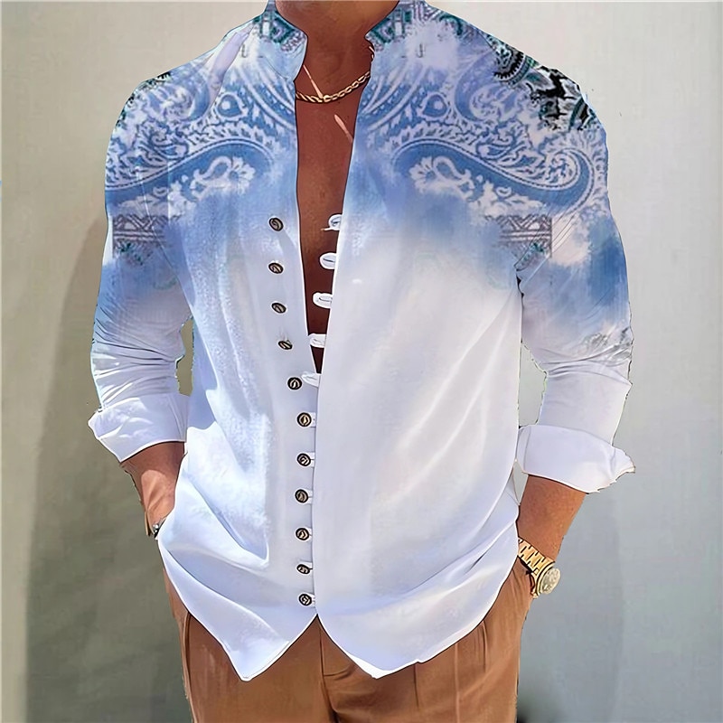 Men's Floral Shirt Linen Shirt Button Up Shirt Long Sleeve Fashion Streetwear Designer Outdoor Casual Daily Summer Spring Fall Stand Collar Print Yellow Blue Green Gray2